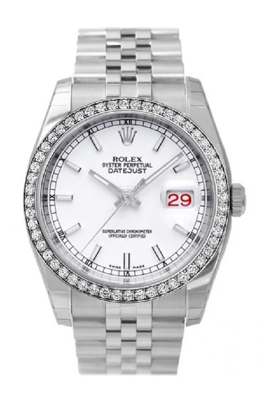 Custom Diamond Bezel Rolex Datejust 36 White Dial Stainless Steel Jubilee Bracelet Men's Watch 116200 Pre-owned