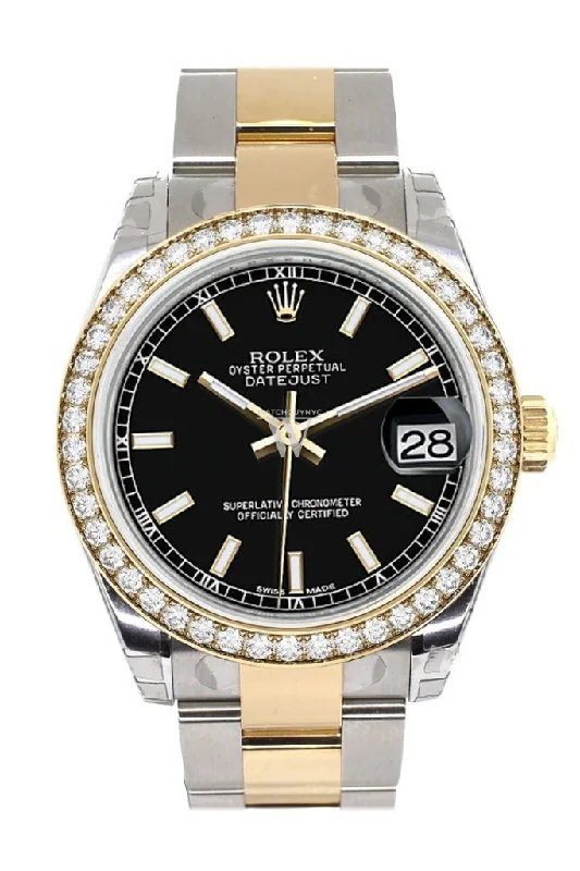 Custom Diamond Bezel Rolex Datejust 31 Black Dial Ladies Watch Two Tone 18K Gold 178243 Pre-owned