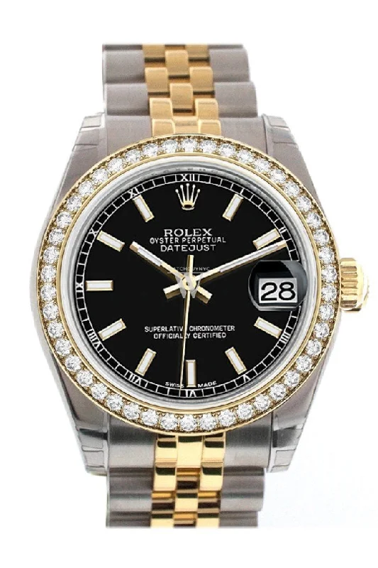 Custom Diamond Bezel Rolex Datejust 31 Black Dial Two Tone 18K Gold Jubilee Ladies Watch 178243 Pre-owned