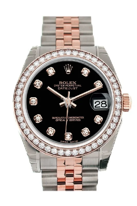 Custom Diamond Bezel Rolex Datejust 31 Black Diamond Dial 18K Rose Gold Two Tone Jubilee Ladies Watch 178241 Pre-owned