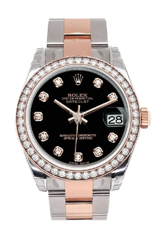 Custom Diamond Bezel Rolex Datejust 31 Black Diamond Dial 18K Rose Gold Two Tone Ladies Watch 178241 Pre-owned