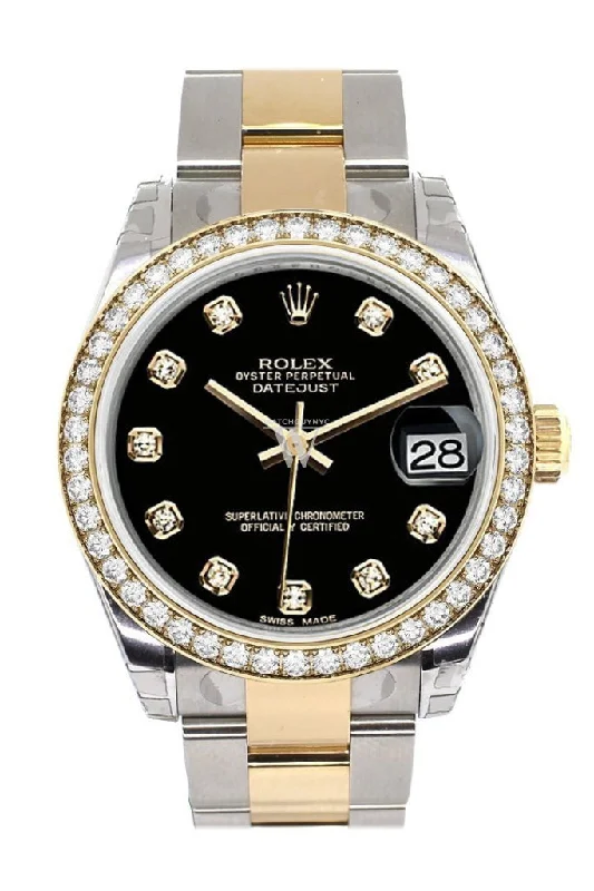 Custom Diamond Bezel Rolex Datejust 31 Black Diamond Dial Ladies Watch Two Tone 18K Gold 178243 Pre-owned