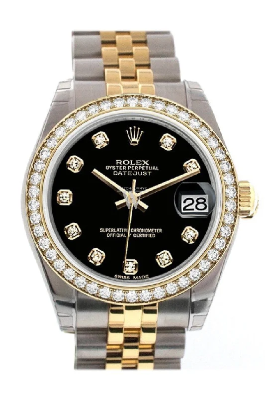 Custom Diamond Bezel Rolex Datejust 31 Black Diamond Dial Two Tone 18K Gold Jubilee Ladies Watch 178243 Pre-owned