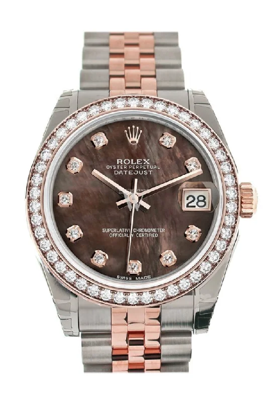 Custom Diamond Bezel Rolex Datejust 31 Black Mother of Pearl Diamond Dial 18K Rose Gold Two Tone Jubilee Ladies Watch 178241 Pre-owned