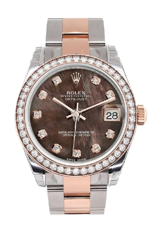 Custom Diamond Bezel Rolex Datejust 31 Black Mother of Pearl Diamond Dial 18K Rose Gold Two Tone Ladies Watch 178241 Pre-owned