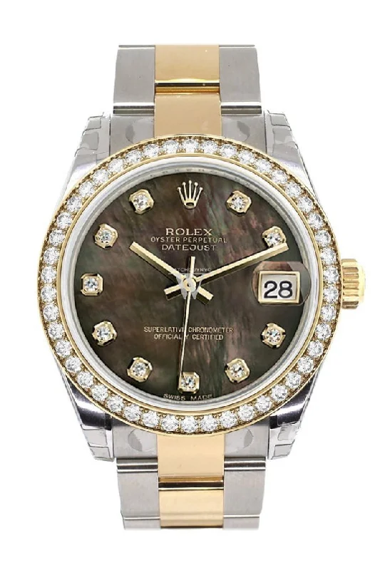 Custom Diamond Bezel Rolex Datejust 31 Black Mother of Pearl Diamonds Dial Ladies Watch Two Tone 18K Gold 178243 Pre-owned