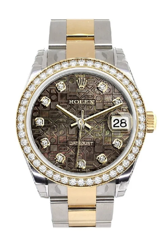 Custom Diamond Bezel Rolex Datejust 31 Black Mother of Pearl Jubilee Diamonds Dial  Ladies Watch Two Tone 18K Gold 178243 Pre-owned