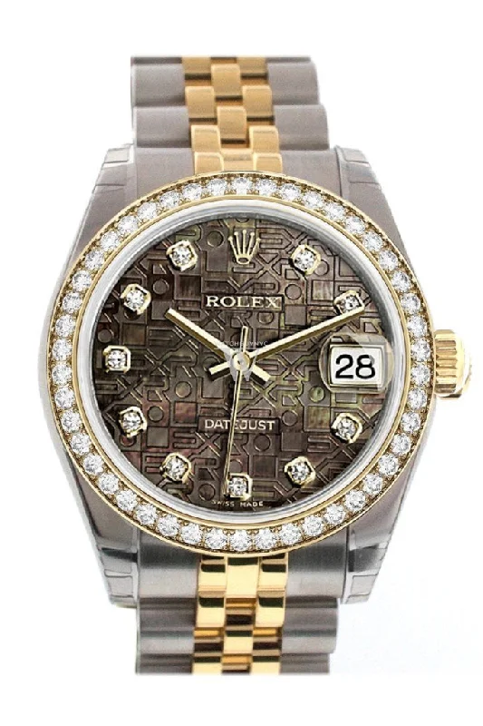 Custom Diamond Bezel Rolex Datejust 31 Black Mother of Pearl Jubilee Diamonds Dial Two Tone 18K Gold Jubilee Ladies Watch 178243 Pre-owned