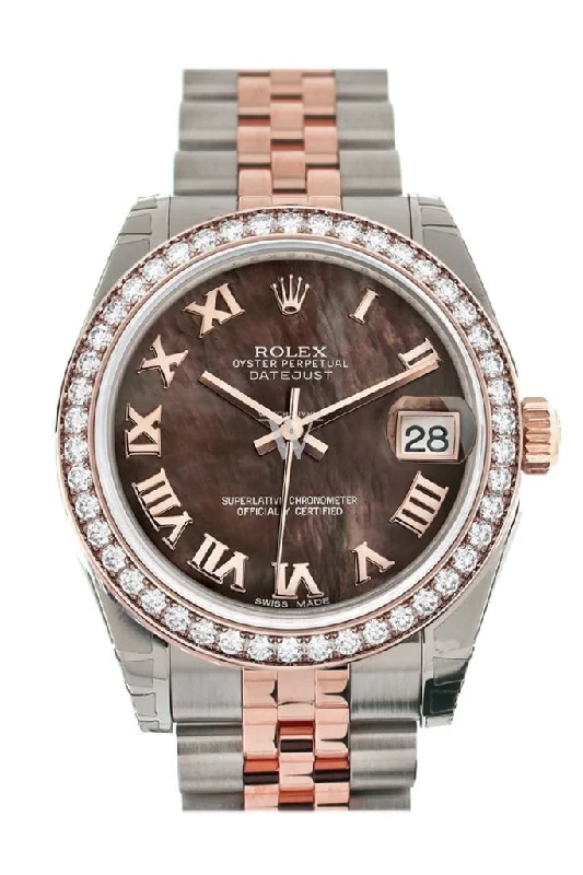 Custom Diamond Bezel Rolex Datejust 31 Black Mother of Pearl Roman Dial 18K Rose Gold Two Tone Jubilee Ladies Watch 178241 Pre-owned