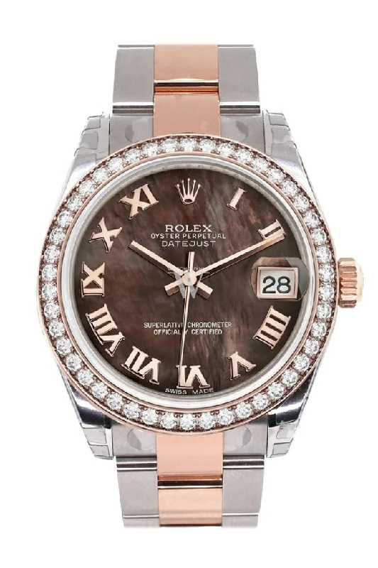 Custom Diamond Bezel Rolex Datejust 31 Black Mother of Pearl Roman Dial 18K Rose Gold Two Tone Ladies Watch 178241 Pre-owned