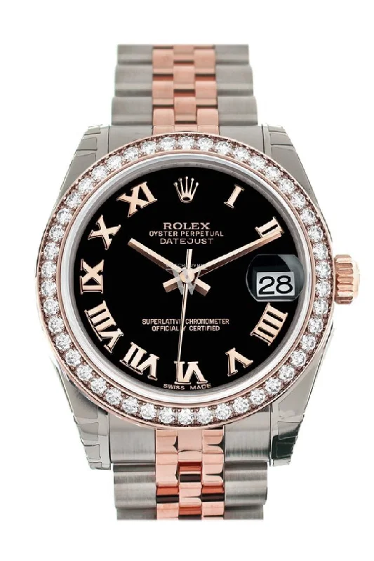 Custom Diamond Bezel Rolex Datejust 31 Black Roman Dial 18K Rose Gold Two Tone Jubilee Ladies Watch 178241 Pre-owned