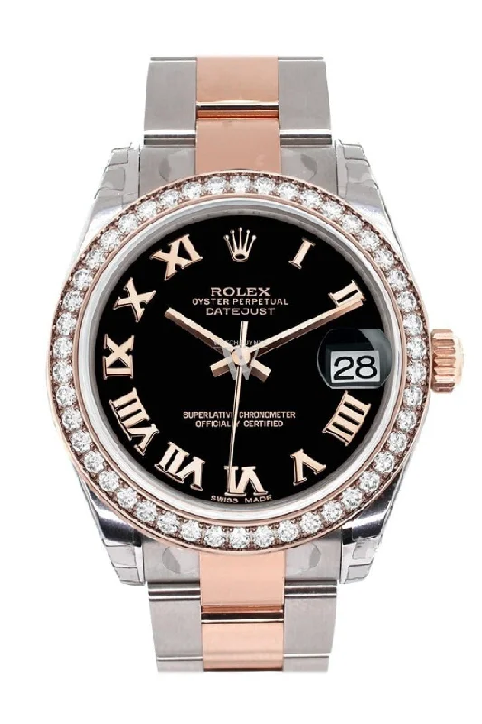 Custom Diamond Bezel Rolex Datejust 31 Black Roman Dial 18K Rose Gold Two Tone Ladies Watch 178241 Pre-owned