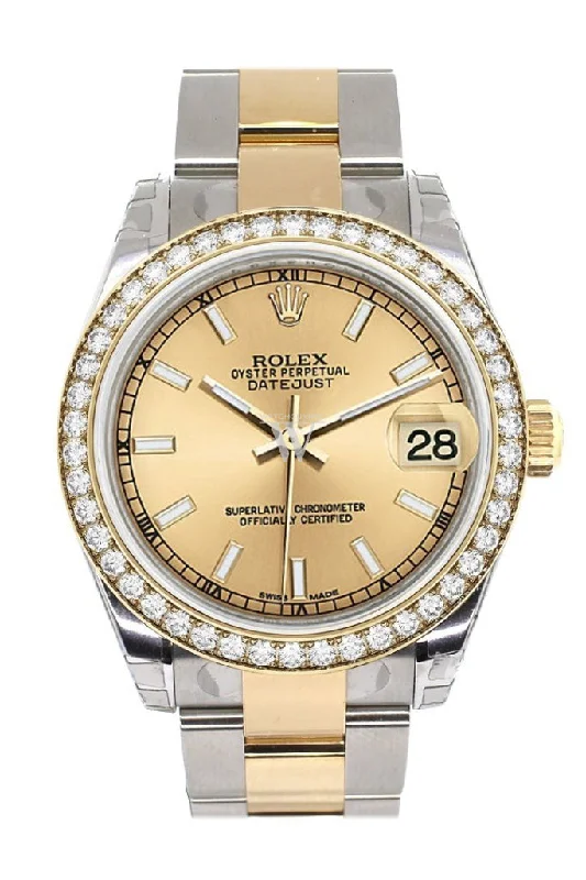 Custom Diamond Bezel Rolex Datejust 31 Champagne Dial Ladies Watch Two Tone 18K Gold 178243 Pre-owned