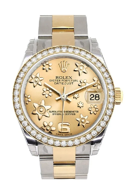 Custom Diamond Bezel Rolex Datejust 31 Champagne Floral Motif Roman Dial Ladies Watch Two Tone 18K Gold 178243 Pre-owned