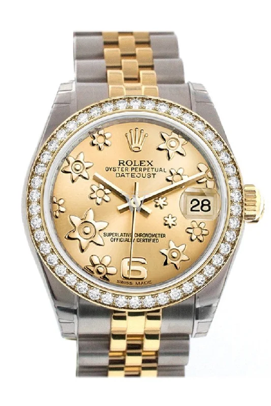 Custom Diamond Bezel Rolex Datejust 31 Champagne Floral Motif Roamn Dial Two Tone 18K Gold Jubilee Ladies Watch 178243 Pre-owned