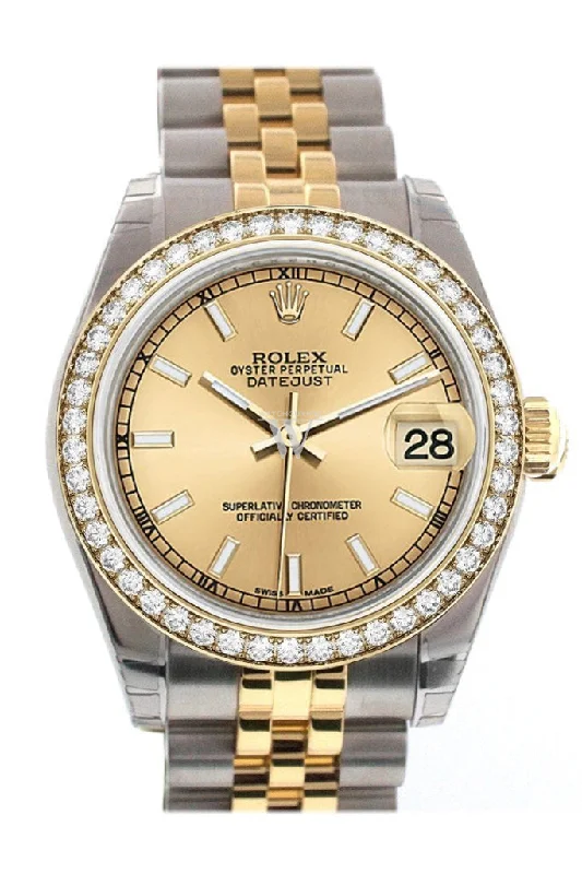 Custom Diamond Bezel Rolex Datejust 31 Champagne Dial 18k Yellow Gold and Steel Ladies Watch 178243 Pre-owned