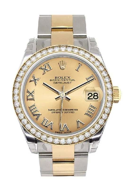 Custom Diamond Bezel Rolex Datejust 31 Champagne Roman Dial Ladies Watch Two Tone 18K Gold 178243 Pre-owned