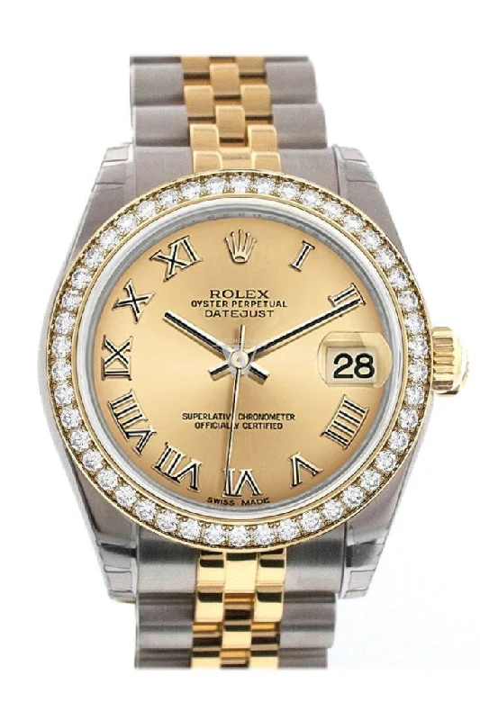 Custom Diamond Bezel Rolex Datejust 31 Champagne Roman Dial Two Tone 18K Gold Jubilee Ladies Watch 178243 Pre-owned