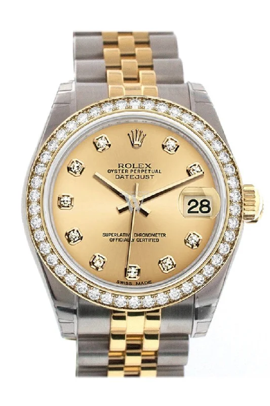 Custom Diamond Bezel Rolex Datejust 31 Champgane Diamond Dial 18K Gold Jubilee Watch 178243 Pre-owned