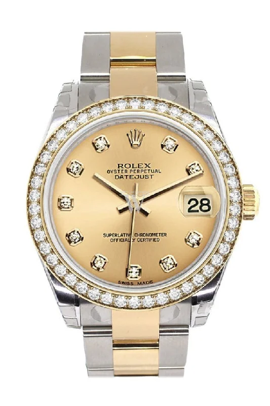 Custom Diamond Bezel Rolex Datejust 31 Champagne Diamond Dial Ladies Watch Two Tone 18K Gold 178243 Pre-owned