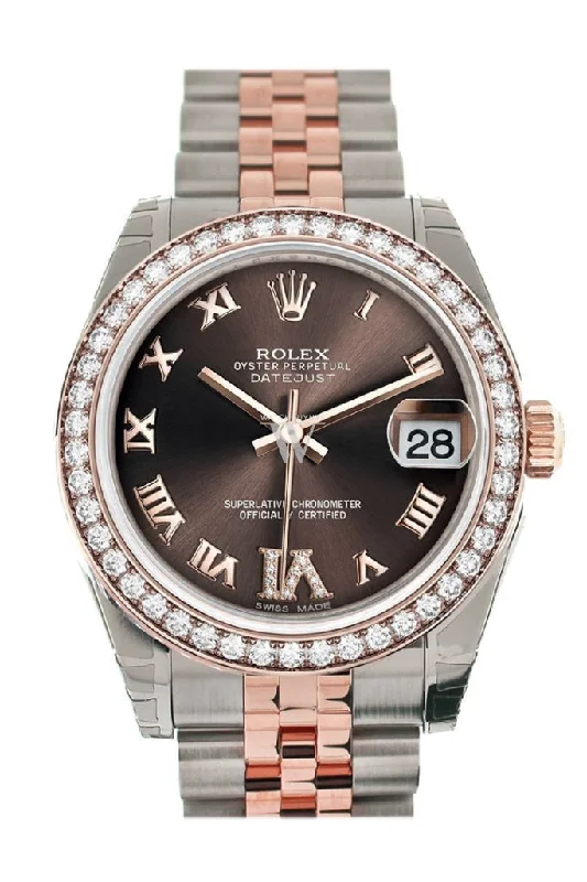 Custom Diamond Bezel Rolex Datejust 31 Chocolate Roman Large VI Diamond Dial 18K Rose Gold Two Tone Jubilee Watch 178241 Pre-owned