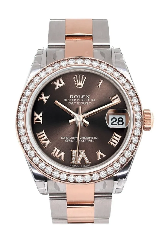 Custom Diamond Bezel Rolex Datejust 31 Chocolate Roman Large VI Diamond Dial 18K Rose Gold Two Tone Ladies Watch 178241 Pre-owned