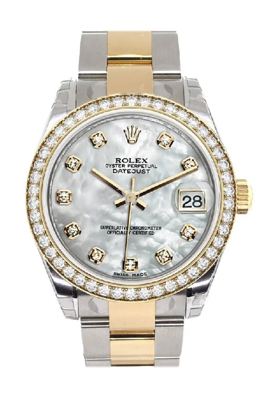 Custom Diamond Bezel Rolex Datejust 31 Mother of Pearl Diamonds Dial  Ladies Watch Two Tone 18K Gold 178243 Pre-owned