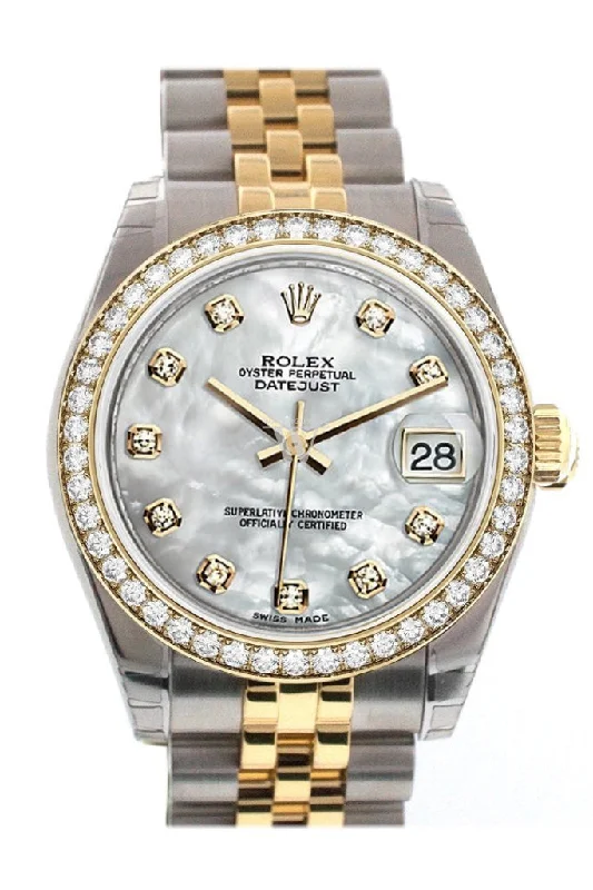 Custom Diamond Bezel Rolex Datejust 31 Mother of Pearl Diamond Dial Two Tone 18K Gold Jubilee Ladies Watch 178243 Pre-owned