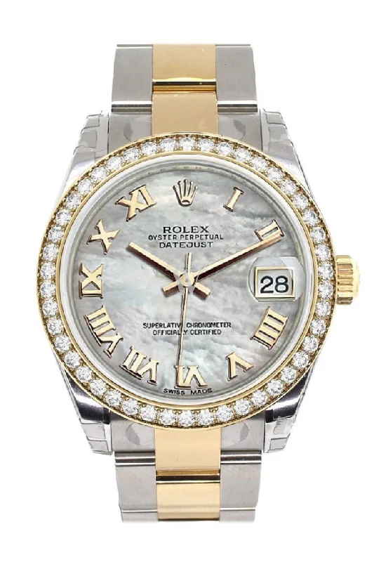 Custom Diamond Bezel Rolex Datejust 31 Mother of Pearl Roman Dial Ladies Watch Two Tone 18K Gold 178243 Pre-owned