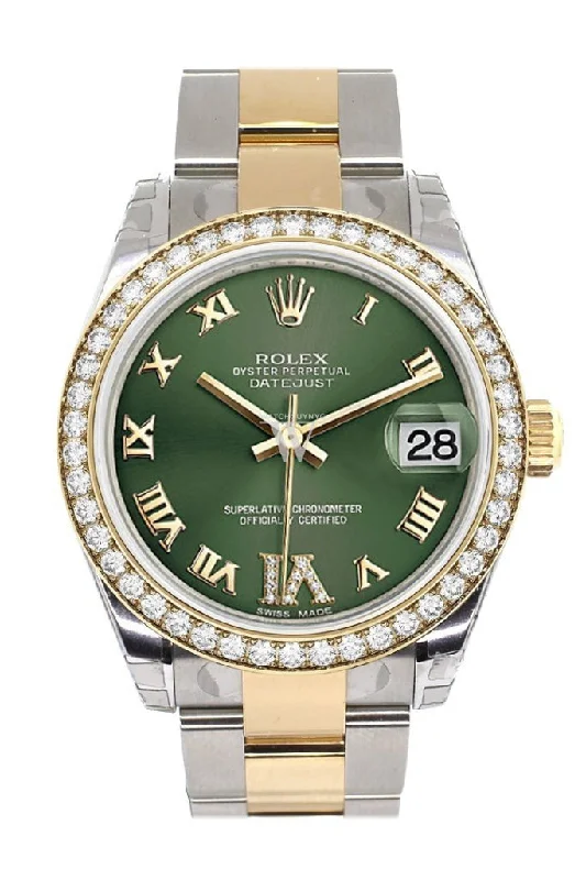 Custom Diamond Bezel Rolex Datejust 31 Olive Green Roman Large VI Diamond Dial  Ladies Watch Two Tone 18K Gold 178243 Pre-owned