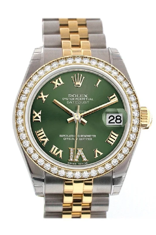 Custom Diamond Bezel Rolex Datejust 31 Olive Green Set with Diamond dial Ladies 178243 Pre-owned