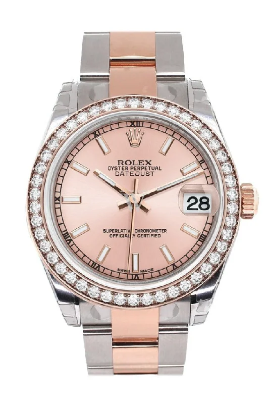 Custom Diamond Bezel Rolex Datejust 31 Pink Dial 18K Rose Gold Two Tone Ladies Watch 178241 Pre-owned