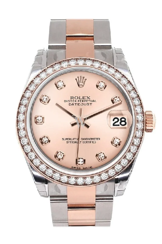 Custom Diamond Bezel Rolex Datejust 31 Pink Diamond Dial 18K Rose Gold Two Tone Ladies Watch 178241 Pre-owned