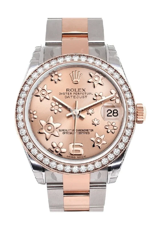 Custom Diamond Bezel Rolex Datejust 31 Pink Raised Floral Dial 18K Rose Gold Two Tone Ladies Watch 178241 Pre-owned