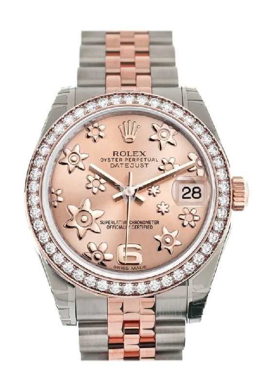 Custom Diamond Bezel Rolex Datejust 31 Pink Raised Floral Motif Dial 18K Rose Gold Two Tone Jubilee Ladies Whatch 178241 Pre-owned