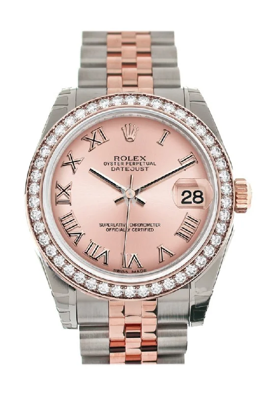 Custom Diamond Bezel Rolex Datejust 31 Pink Roman Dial 18K Rose Gold Two Tone Jubilee Ladies Watch 178344 Pre-owned