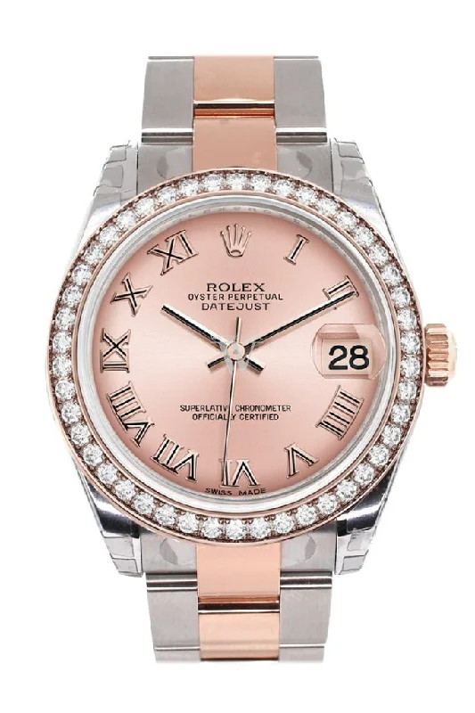 Custom Diamond Bezel Rolex Datejust 31 Pink Roman Dial Dome set with Diamonds Bezel Ladies Watch 178344 Pre-owned