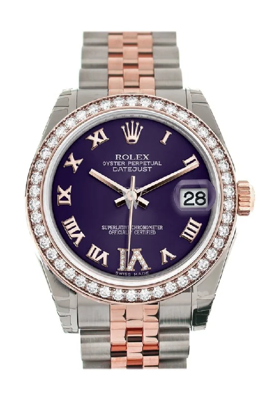 Custom Diamond Bezel Rolex Datejust 31 Purple Roman Large VI Diamond Dial 18K Rose Gold Two Tone Jubilee Ladies Watch 178241 Pre-owned