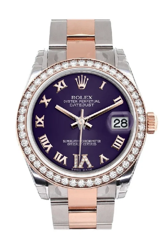 Custom Diamond Bezel Rolex Datejust 31 Purple Roman Large VI Diamond Dial 18K Rose Gold Two Tone Ladies Watch 178241 Pre-owned