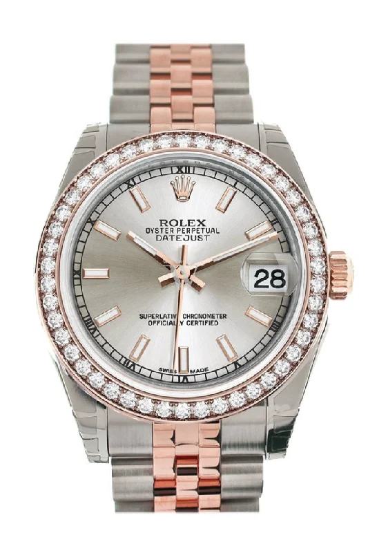 Custom Diamond Bezel Rolex Datejust 31 Silver Dial 18K Rose Gold Two Tone Jubilee Ladies Watch 178241 Pre-owned