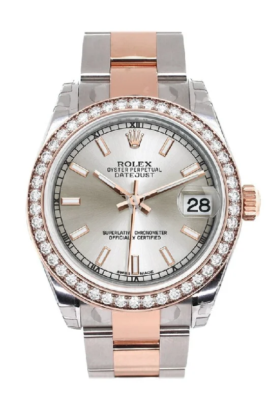 Custom Diamond Bezel Rolex Datejust 31 Silver Dial 18K Rose Gold Two Tone Ladies Watch 178241 Pre-owned