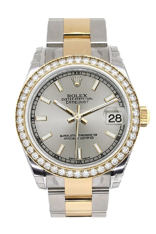 Custom Diamond Bezel Rolex Datejust 31 Silver Dial Ladies Watch Two Tone 18K Gold 178243 Pre-owned