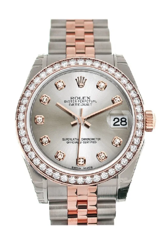 Custom Diamond Bezel Rolex Datejust 31 Silver Diamond Dial 18K Rose Gold Two Tone Jubilee Ladies Watch 178241 Pre-owned