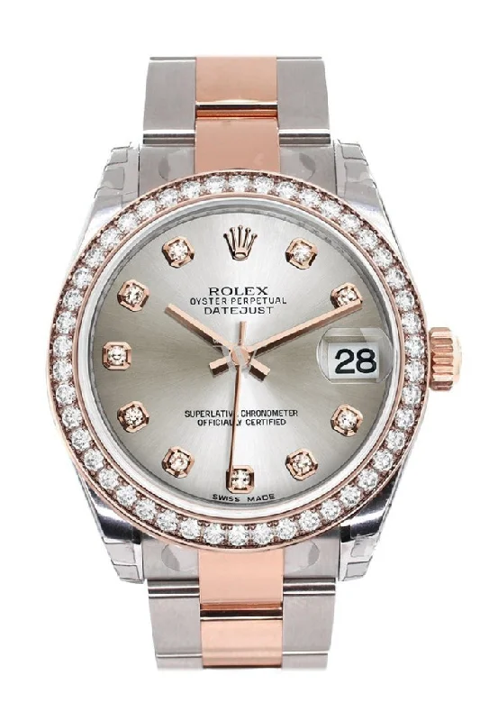 Custom Diamond Bezel Rolex Datejust 31 Silver Diamond Dial 18K Rose Gold Two Tone Ladies Watch 178241 Pre-owned