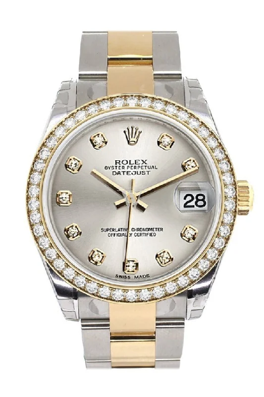 Custom Diamond Bezel Rolex Datejust 31 Silver Diamond Dial  Ladies Watch Two Tone 18K Gold 178243 Pre-owned