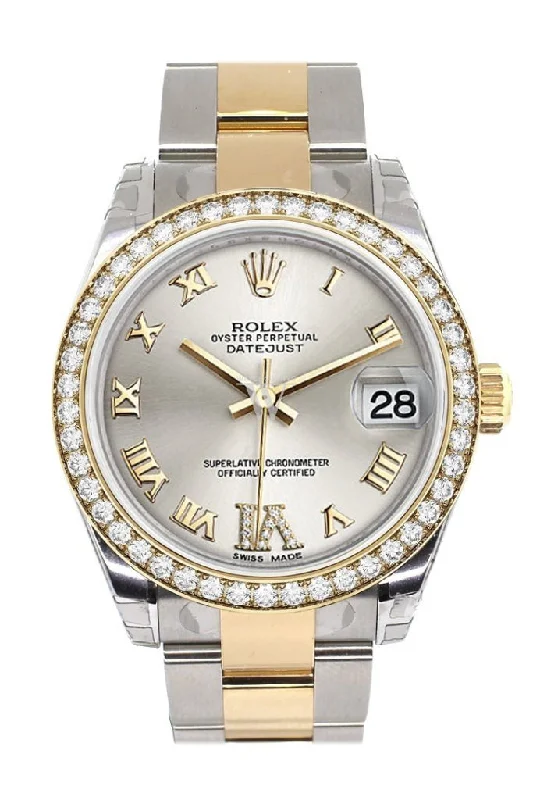 Custom Diamond Bezel Rolex Datejust 31 Silver Roman Large VI Diamond Dial Ladies Watch Two Tone 18K Gold 178243 Pre-owned