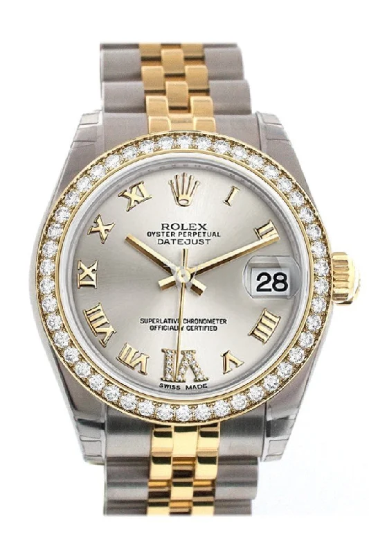 Custom Diamond Bezel Rolex Datejust 31 Silver Roman Large VI Diamond Dial Two Tone 18K Gold Jubilee Ladies Watch 178243 Pre-owned