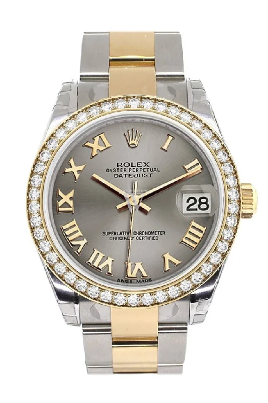 Custom Diamond Bezel Rolex Datejust 31 Steel Roman Dial Ladies Watch Two Tone 18K Gold 178243 Pre-owned