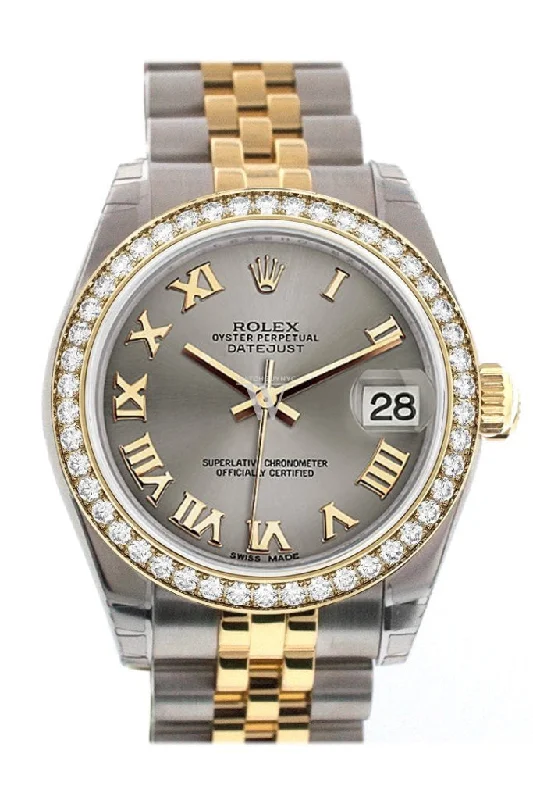 Custom Diamond Bezel Rolex Datejust 31 Steel Roman Dial Two Tone 18K Gold Jubilee Ladies Watch 178243 Pre-owned