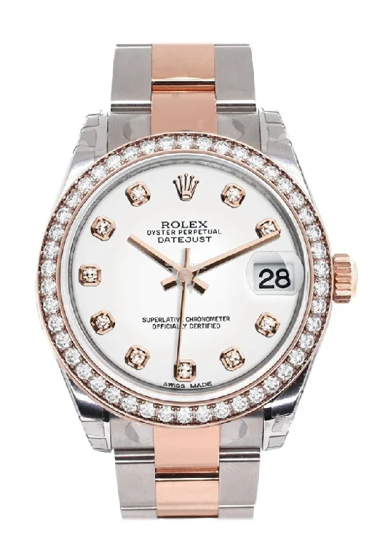 Custom Diamond Bezel Rolex Datejust 31 White Diamond Dial 18K Rose Gold Two Tone Ladies Watch 178241 Pre-owned